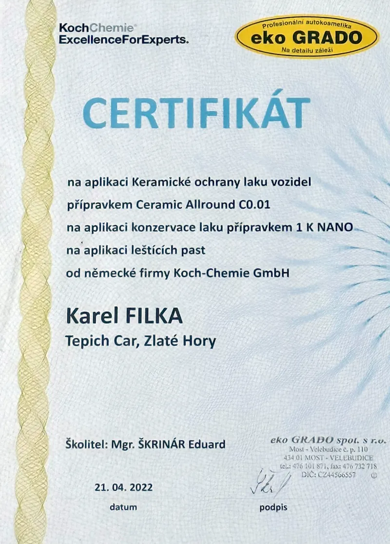 Náhled skenu certifikátu ze školení u firmy eko GRADO, duben 2022.